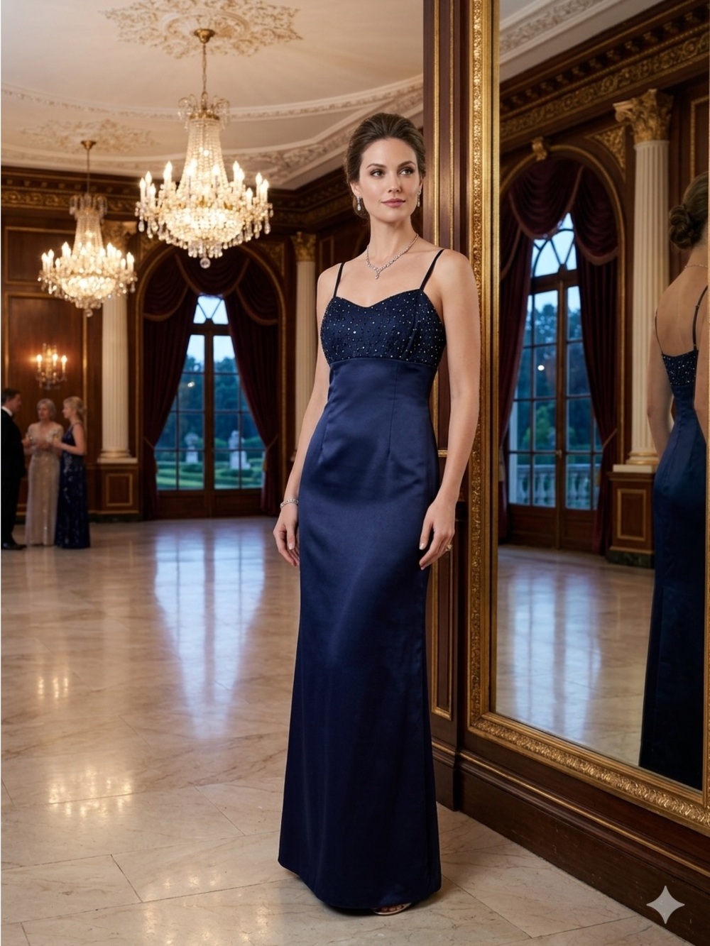 Navy Beaded Spaghetti Strap Evening Gown